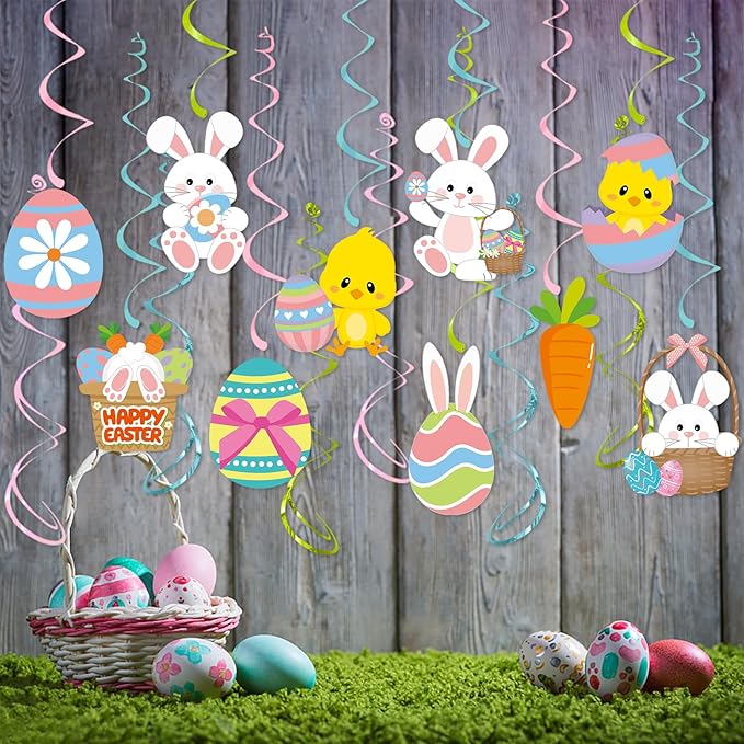 Easter Party Decorations Egg-Bunny Streamers - 16Pcs Cute Hanging Swirl Ceiling,Easter Birthday Kids Favors Gifts Supplies Spring Carrot Chicks Decor Hugtmr