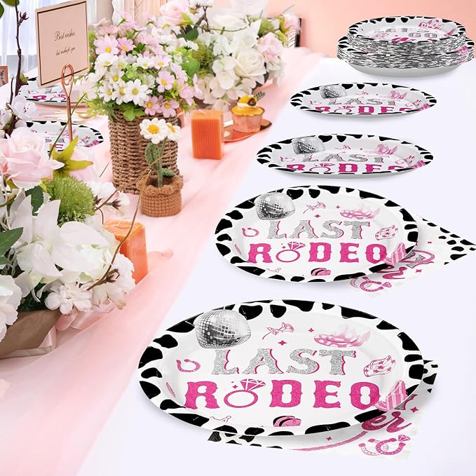 96Pcs Last Rodeo Bachelorette Party Decorations Pink & Silver Disco Cowgirl Plates and Napkins Let's Go Girls Party Decorations for Nashville Western Bridal Baby Shower Birthday Supplies,Serves 24