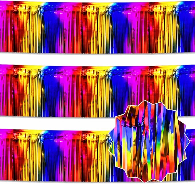 3 Pack 10 Ft Rainbow Foil Fringe Garland Metallic Streamers Tinsel Banner Wall Hanging Garland Backdrop for Parade Floats, Halloween, Christmas, Thanksgiving, New Year Party Decorations