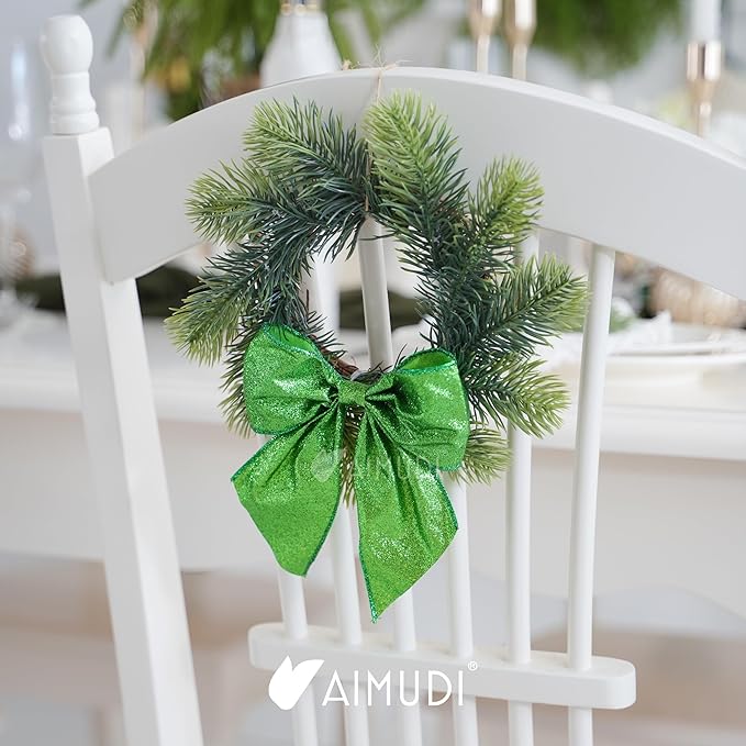 AIMUDI Lime Green Glitter Wired Ribbon Bows with Twist Tie 5.5" Premade Metallic Christmas Bows for Gift Wrapping, Wreath, Garland, Holiday Crafts Party Home Outdoor Christmas Tree Decorations, 12 PCs