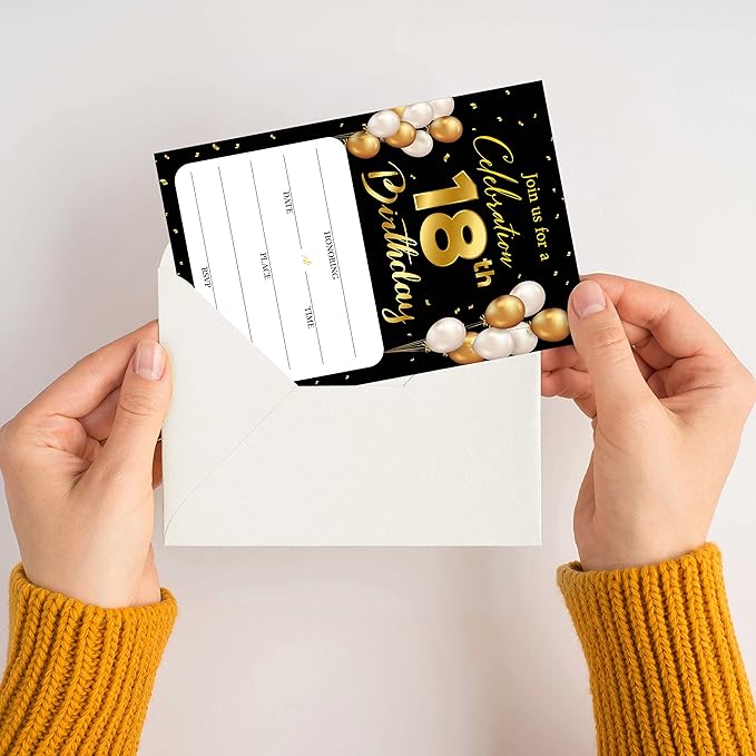 18th Birthday Invitation Cards with Envelopes - Classic Gold Theme Fill in The Blank Birthday Party Invite Cards, for Man, Woman Young People Banquet Party Supplies, 20 Invites With Envelopes - B7