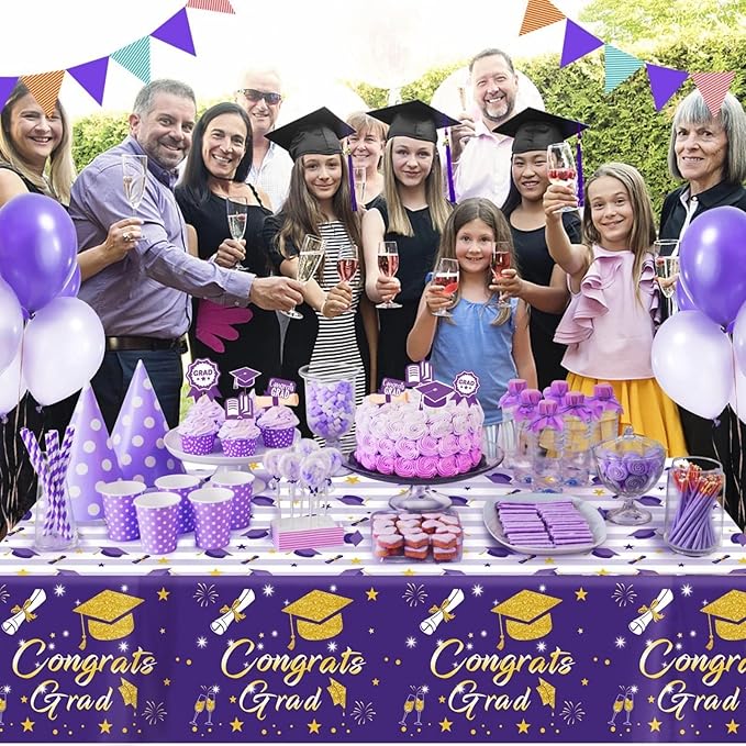 Graduation Tablecloth Party Decorations 2026, 3 Pack Purple Large Size 54"x108" Congrats Grad Disposable Rectangle Table Covers Plastic Table Cloth for College High School Class of 2026 Party Supplies