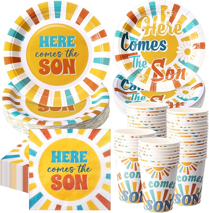 250 Pcs Here Comes The Son Baby Shower Party Decorations Boho Sun Rainbow Disposable Paper Plates Napkins and Cups Tableware Set for Sunshine Boy Baby Shower Party Supplies, Serves 50