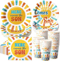 250 Pcs Here Comes The Son Baby Shower Party Decorations Boho Sun Rainbow Disposable Paper Plates Napkins and Cups Tableware Set for Sunshine Boy Baby Shower Party Supplies, Serves 50