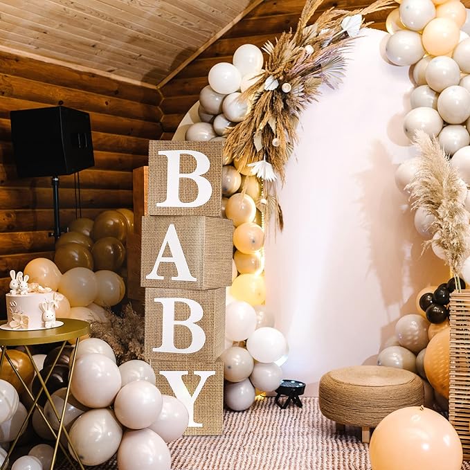 RUBFAC Burlap Print Baby Boxes with Letters for Baby Shower, 4pcs Rustic Farmhouse Style Boho Balloon Boxes with Burlap Grain for Birthday Gender Reveal Decoration Backdrop Photo Props