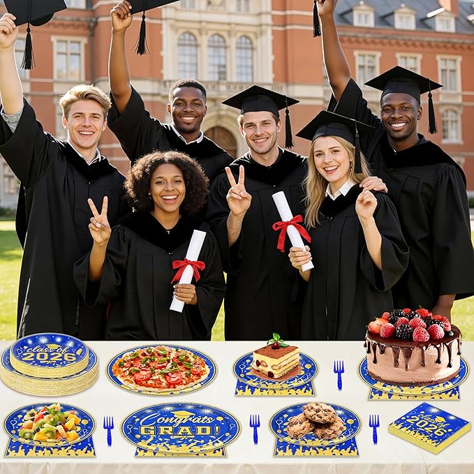 100 Pcs Graduation Plates and Napkins Party Supplies Set,Serves 25 Guests Blue Gold 2026 Graduation Plates and Napkins,Disposable Paper Tableware Set for Graduation Party Decorations