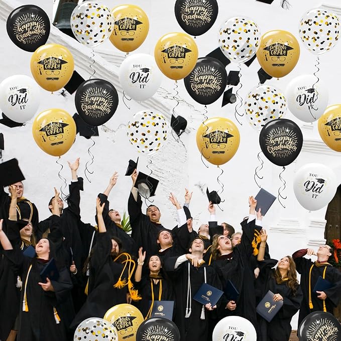 75 Pack Graduation Party Decorations Balloons Set - 12 Inch Black Gold Balloons with Balloon Ribbons for Graduation Party Decoration Supplies