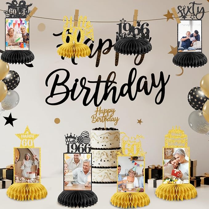 8Pcs 60th Birthday Decoration for Men Women 60th Birthday Centerpieces for Tables Cheers to 60 Years Birthday Honeycomb Decor Birthday Table Topper Black and Gold 60th Birthday Party Favors