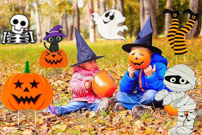 Funnlot Halloween Decorations Outdoor 8PCS Cute Halloween Yard Stakes Halloween Garden Stake Witch Feet Skeleton Mummy Frankenstein Halloween Lawn Sign Halloween Yard Decor Pumpkin Decorations Outdoor