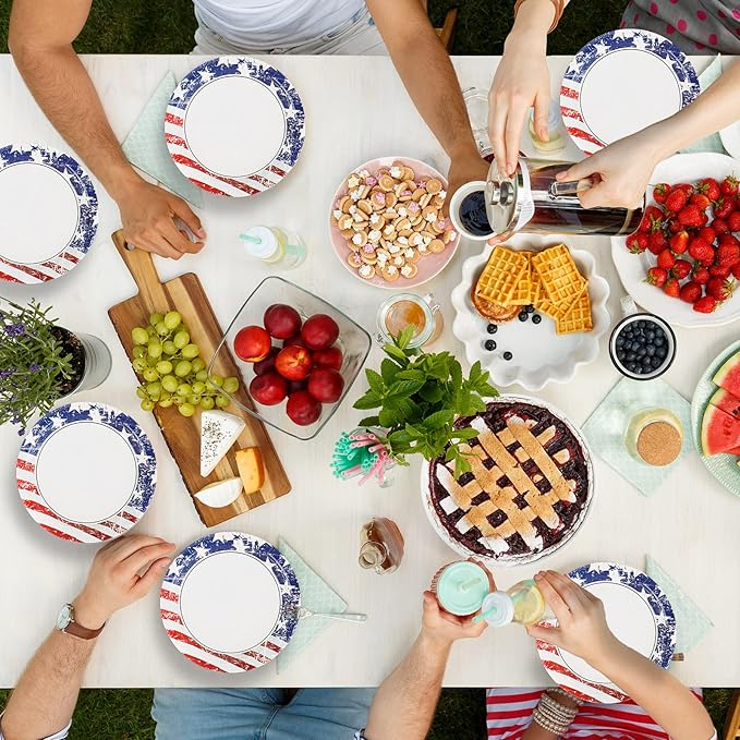 48pcs 4th of July Party Paper Plates 7" Patriotic American Flag Dessert Plate Set Disposable Independence Day Memorial Day Tableware Party Dinnerware Kit Supplies Holidays Birthday Decoration