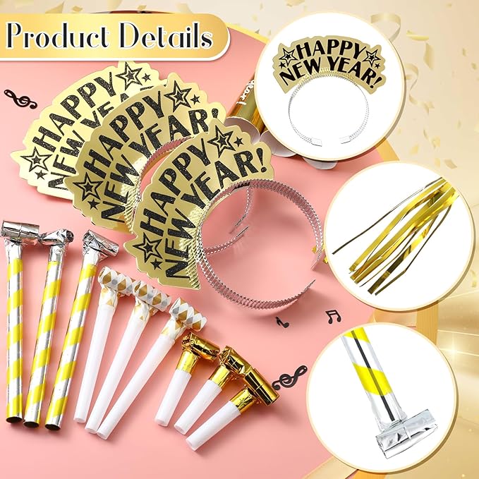 Lenwen 18 Pcs Happy New Years Eve Party Supplies New Year Noise Makers Headband Tiara Party Horn Blowers Whistles Fringed Noisemaker Novelty Favors for Adult Decoration(Gold)