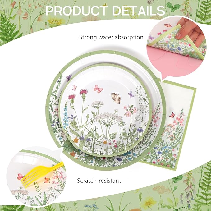 80pcs Wildflower Party Plates Disposable Tableware Set Green Paper Plates for 20 Guests Kids Party Spring Summer Picnic Wedding Tea Party Table Supplies (Include Plates, Cups and Napkins)