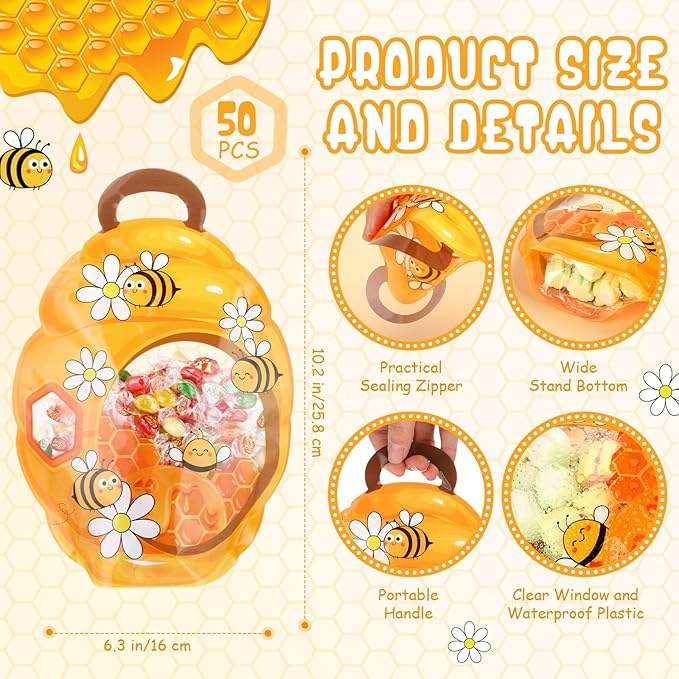 ReliThick 50 Pcs Bee Gift Bags with Handles, Sealed Plastic Honeycomb Bee Party Favors Bags Bulk Daisy Honey Goodie Candy Treat Pouch for Snack Spring Summer Birthday Baby Shower Decor Supply