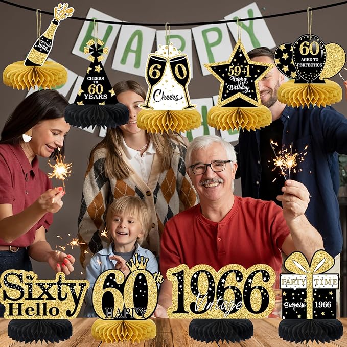 9 Pcs 60th Birthday Decorations Honeycomb Centerpieces for Women Men, Black Gold 1966 Aged to Perfection Vintage Centerpieces for Tables Toppers,Sixty Years Party Decorations Supplies