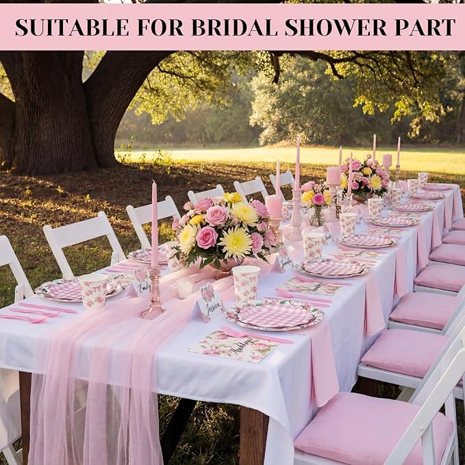 Shellwei 410 Pcs Pink Hydrangea Tea Party Decorations Elegant Floral Paper Plates and Napkins Set Disposable Party Tableware Sets with Cups Knives Forks Spoons Seat Card Favors for 50 Guests