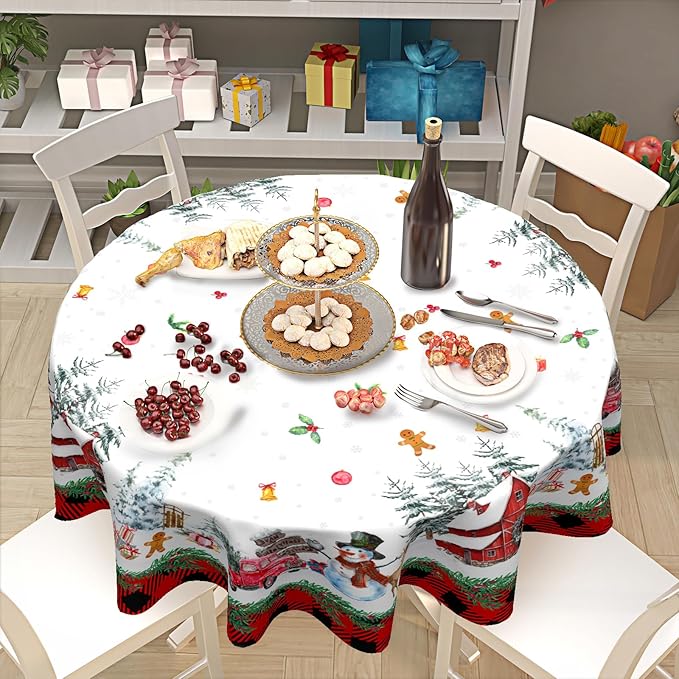 Christmas Round Tablecloth 70 Inch Xmas Snowman Pattern Circle Table Cloth Red Plaid Tablecloth Winter Table Cover Washable Polyester Decor for Home Kitchen Dinning Party