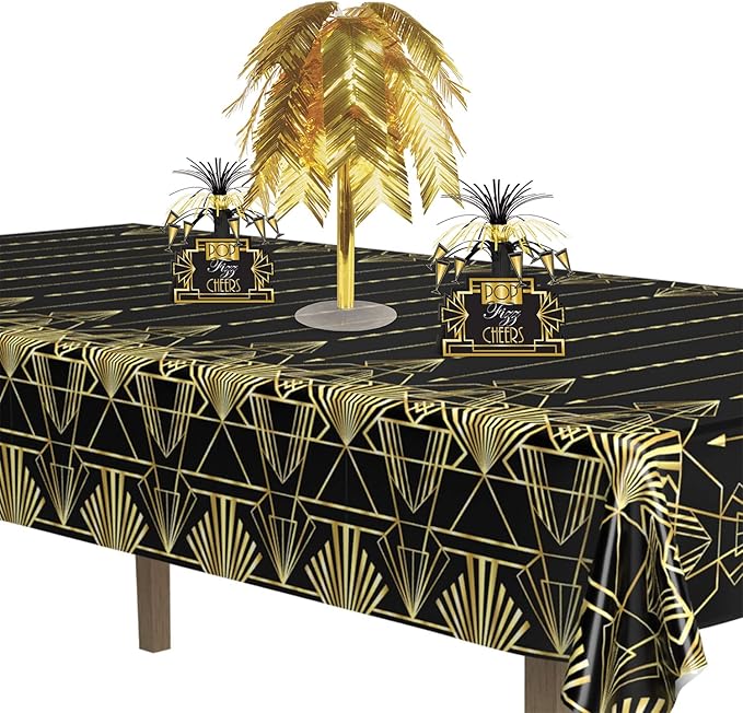 Beistle 2-Count Great 1920s Tablecover, Art Deco Decor & Table Decorations for Party, Hollywood Decor, Plastic Black & Gold Plastic Cover, 54" x 108"
