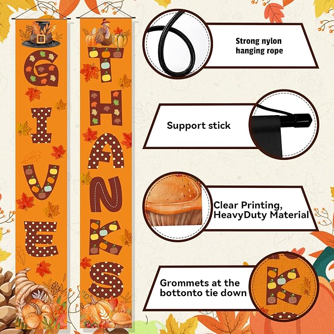 OHOME Thanksgiving Decorations - GIVE THANKS Porch Banner | Fall Decor for Indoor Outdoor Outside - Friendsgiving Party Decorations Autumn Pumpkin Welcome Door Sign for Home Yard Wall