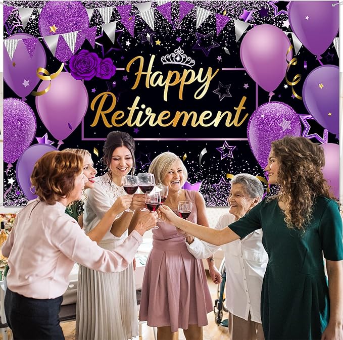 Blulu Retirement Party Decorations, Extra Large Fabric Retire Sign Banner Photo Booth Backdrop Background with Rope for Retirement Party Favor(72.8 x 43.3 Inches,Purple and Black)