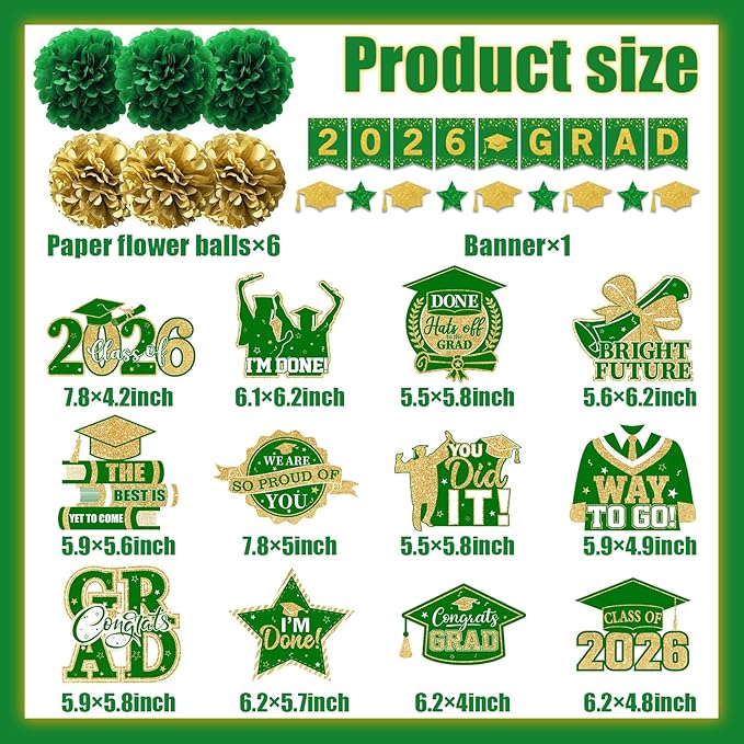 Green and Gold Graduation Decorations, 2026 Grad Banner and Congrats Grad Hanging Swirls, Green and Gold Graduation Banner Graduations Hanging Swirl College Graduations Party Decorations Class of 2026