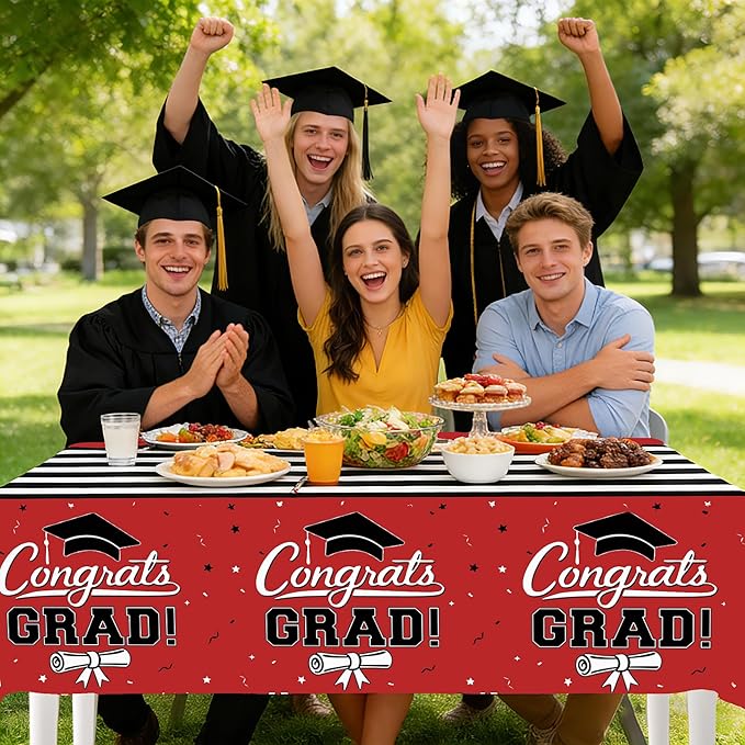 7-Pack Graduation Party Decorations Set, 3 Red Graduation Tablecloths 54x108in, 2026 and Grad Balloons, 2 Foil Fringe Curtains for High School College Graduation Party Photo Booth