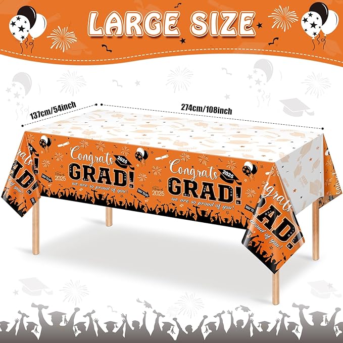 3 Pack Graduation Tablecloth Party Decorations, Class of 2026 Congrats Grad Plastic Tablecover Party Supplies, Orange Rectangle Graduation Table Decorations for College High School Party, 54 x 108Inch
