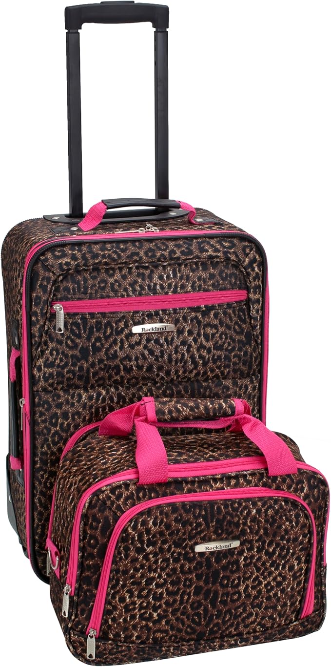 Rockland Fashion Softside 2 Piece Luggage Set, Expandable, (14" Tote/19" Upright), Pink Leopard