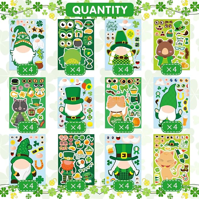 48 Sheets St. Patrick's Day Make a Face Stickers, Saint Patrick's Gnomes and Animals Crafts Stickers for Kids, Classroom Gifts and Party Favors Supplies