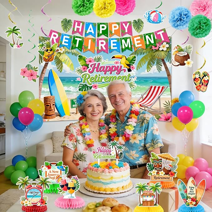 Luau Hawaiian Retirement Party Decorations Tropical Happy Retirement Banner Backdrop with Honeycomb Pom Poms Centerpieces Hanging Swirls Beach Summer Retirement Party Supplies