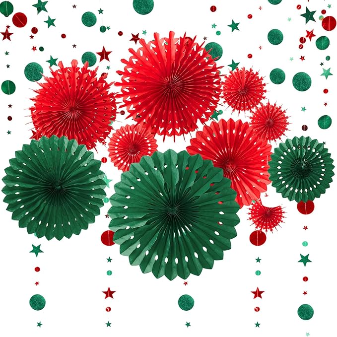13 Pcs Paper Christmas Decorations Red Green Paper Fans Hanging Star Circle Garland Banner Office Backdrop Ugly Sweater Party Supplies Xmas Wall Decor for Classroom Holiday Birthday New Year