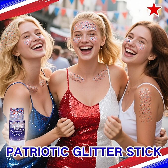Red White Blue Hair Glitter Stick,Patriotic Face Body Glitter,4th of July Accessories,Fourth of July Outfits for Women,Patriotic Day Memorial Day Waterproof Chunky Glitter Makeup