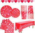 Gatherfun Valentine's Day Party Supplies Hot Heart Love Disposable Paper Plates Napkins Cups plastic Tablecloth with Banner for Valentine's Day, Engagements, Anniversary, Birthday Party Serve 25