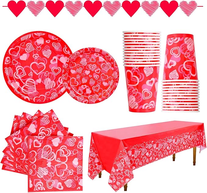 Gatherfun Valentine's Day Party Supplies Hot Heart Love Disposable Paper Plates Napkins Cups plastic Tablecloth with Banner for Valentine's Day, Engagements, Anniversary, Birthday Party Serve 25