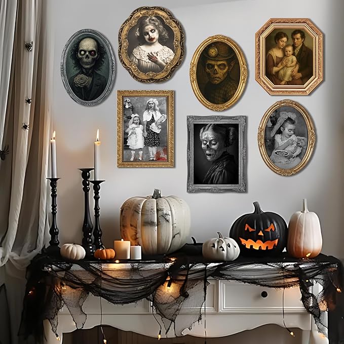 Scary Halloween Party Decoration Indoor Home Wall Decor 3D Changing Face Moving Picture Frame Portrait for Horror Halloween Party Supplies Castle Haunted House Decor(Style D, 12 Pack)