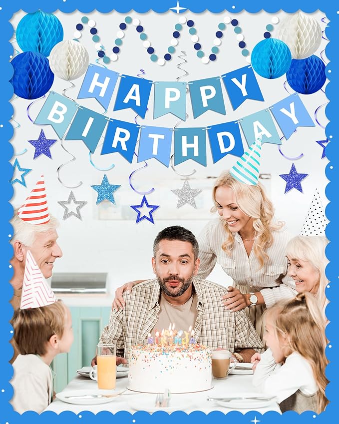 Blue Happy Birthday Decorations, Happy Birthday Banner with Honeycomb Balls, Stars Hanging Swirl Streamers, Dots Garland, Party Decorations for Men Boys Women Girls