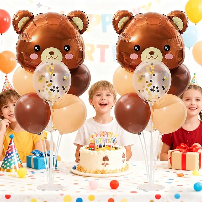 Teddy Bear Table Centerpiece Balloon Stand Kit Set of 2, Teddy Bear Head Foil Balloons with Brown Beige Balloons for Birthday Party Baby Shower Decorations