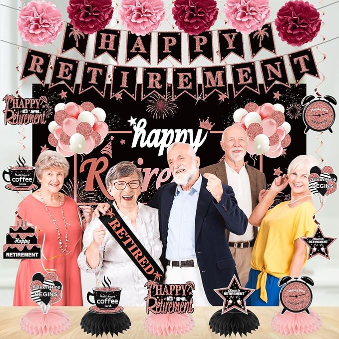 20PCS Happy Retirement Party Decorations Kit for Women, Rose Gold Retirement Backdrop Balloons Honeycomb Centerpiece Swirl Paper Pompoms Party Supplies, Retired Sash Table Topper Swirls Set