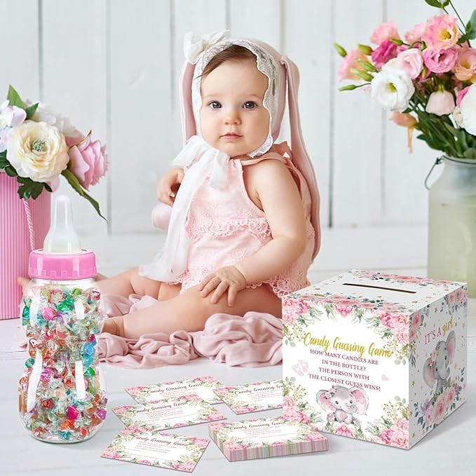 Glenmal 52 Pcs Pink Elephant Theme Baby Shower Games Gift Sets Large Baby Bottle for Shower Game Guess How Many Candies Decorations for Gender Reveal