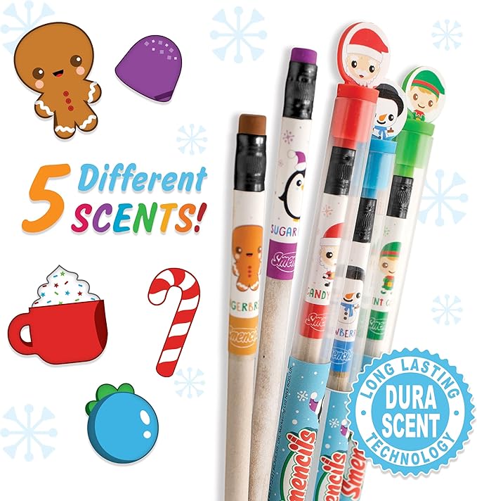 Holiday Smencils - HB #2 Scented Fun Pencils, 5 Count - Stocking Stuffer, Gifts for Kids, School Supplies, Party Favors, Classroom Rewards