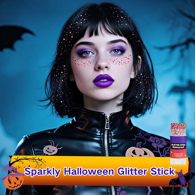 Halloween Purple Orange Hair Glitter Stick,Orange and Purple Body Face Glitter Hair Accessories,Waterproof Cosplay Chunky Glitter Makeup Sequins Body Paint