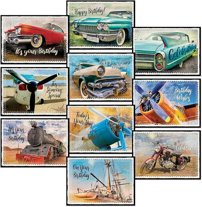 Current Vintage Transport Birthday Greeting Cards - Set of 20 (2 each of 10 Designs), 5 x 7 Inches, Classic Cars, Airplanes, Trains, Envelopes Included, Assortment Set
