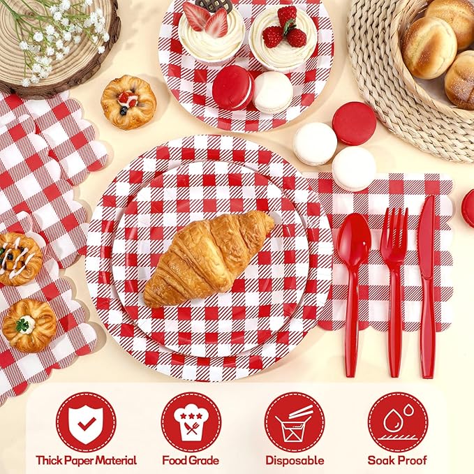 175 Pcs Gingham Party Supplies Include Red Gingham Plates and Napkins Cups Plastic Cutlery Disposable Red Checkered Plates Set for Picnic, Pizza, Bbq, Hot Dog Party Decorations