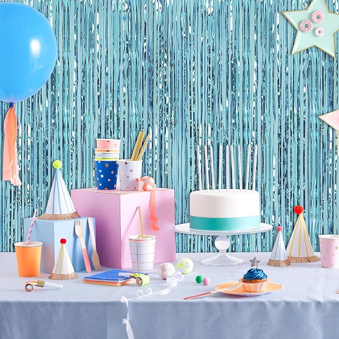 6 Pack Blue Foil Curtain Backdrop 3.2ft x 6.6ft Metallic Tinsel Fringe Backdrop Curtains Streamer Photo Booth for Birthday Engagement Bachelorette Christmas Holiday Party Decorations