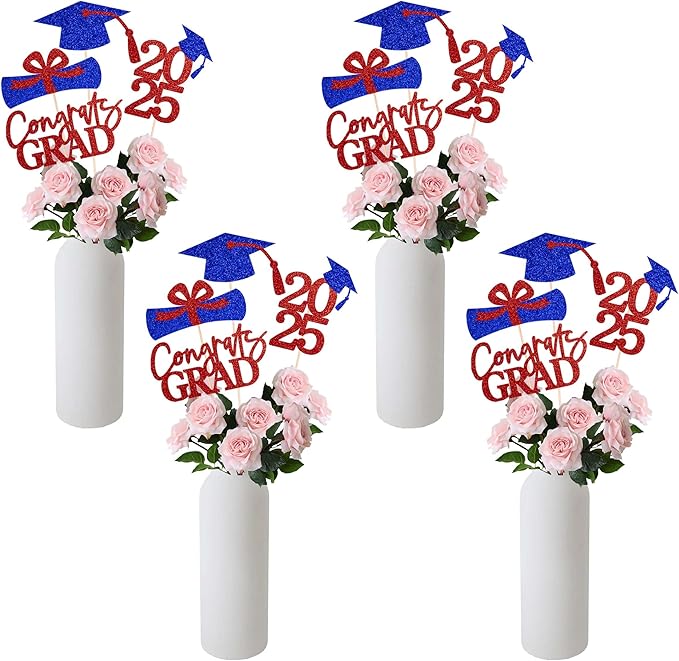 Gexolenu 16 PCS Red and Blue Double-Sided 2025 Graduation Centerpieces for Tables, 2025 Table Toppers Party Centerpiece Sticks Party Supplies, Graduation Party Decorations Class of 2025, Set of 4
