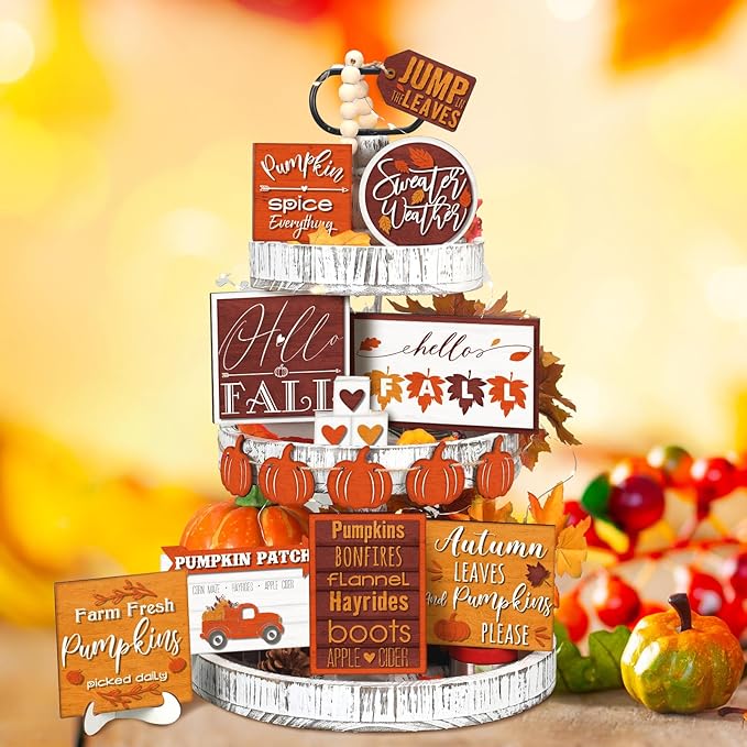 14 Pcs Thanksgiving Tiered Tray Decor Thanksgiving Pumpkin Fall Home Decorations Set Rustic Farmhouse Pumpkin Truck Spice Blocks Autumn Winter Wooden Sign for Fall Christmas