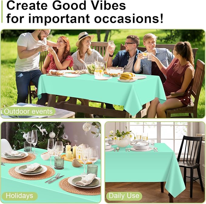 QIKSION Fresh Mint Plastic Table Cloth Disposable 3 Pack, 54 x 108 Inch Tablecloths for Party, Birthday, Rectangle Table Cover
