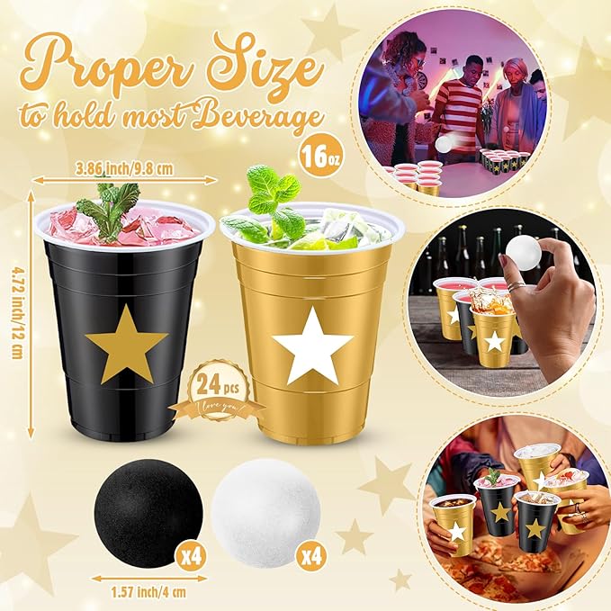 32 Pcs 2026 Graduation Party Star Game Set Include 16oz Black Gold Plastic Cups with 8 Balls, Plastic Cups for Graduation Party Decor Juice Beverage Outdoor Toss Game Supplies