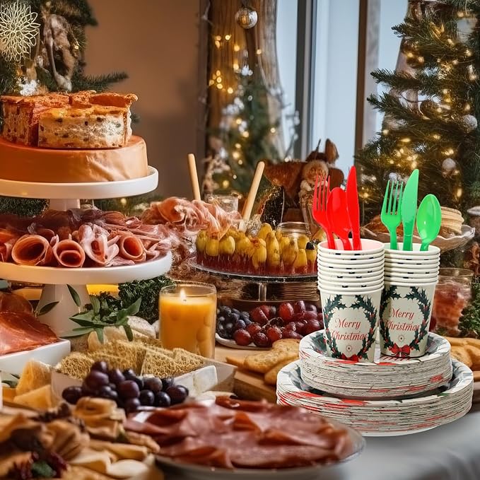 350 Pcs Merry Christmas Paper Plates and Napkins Set for 50 Guests Disposable Dinner Tableware Dinnerware Party Supplies Includes 100 Paper Plates 50 Cups Napkins Set Knives Forks Spoons
