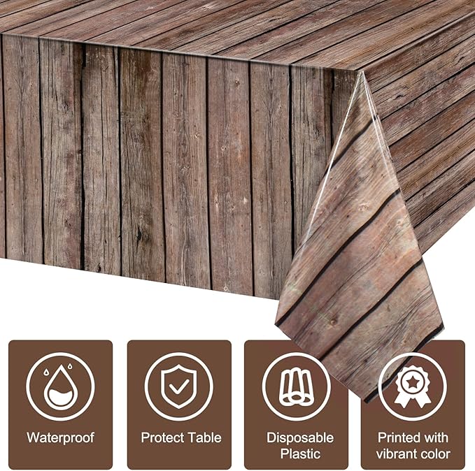 Tiamon 6 Pcs Western Party Tablecloth Western Cowboy Party Table Cover Cowboy Theme Plastic Tablecloth Wild West Wood Grain Table Cover for Birthday Baby Shower Decor (54 x 108 Inch)