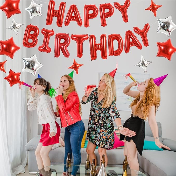 TONIFUL 35PCS Red Happy Birthday Decorations Kit 16 Inch Happy Birthday Balloon Banner with Star Balloons Mylar Foil Birthday Party Decorations Supplies for Men Women Adults Girls Boys Kids